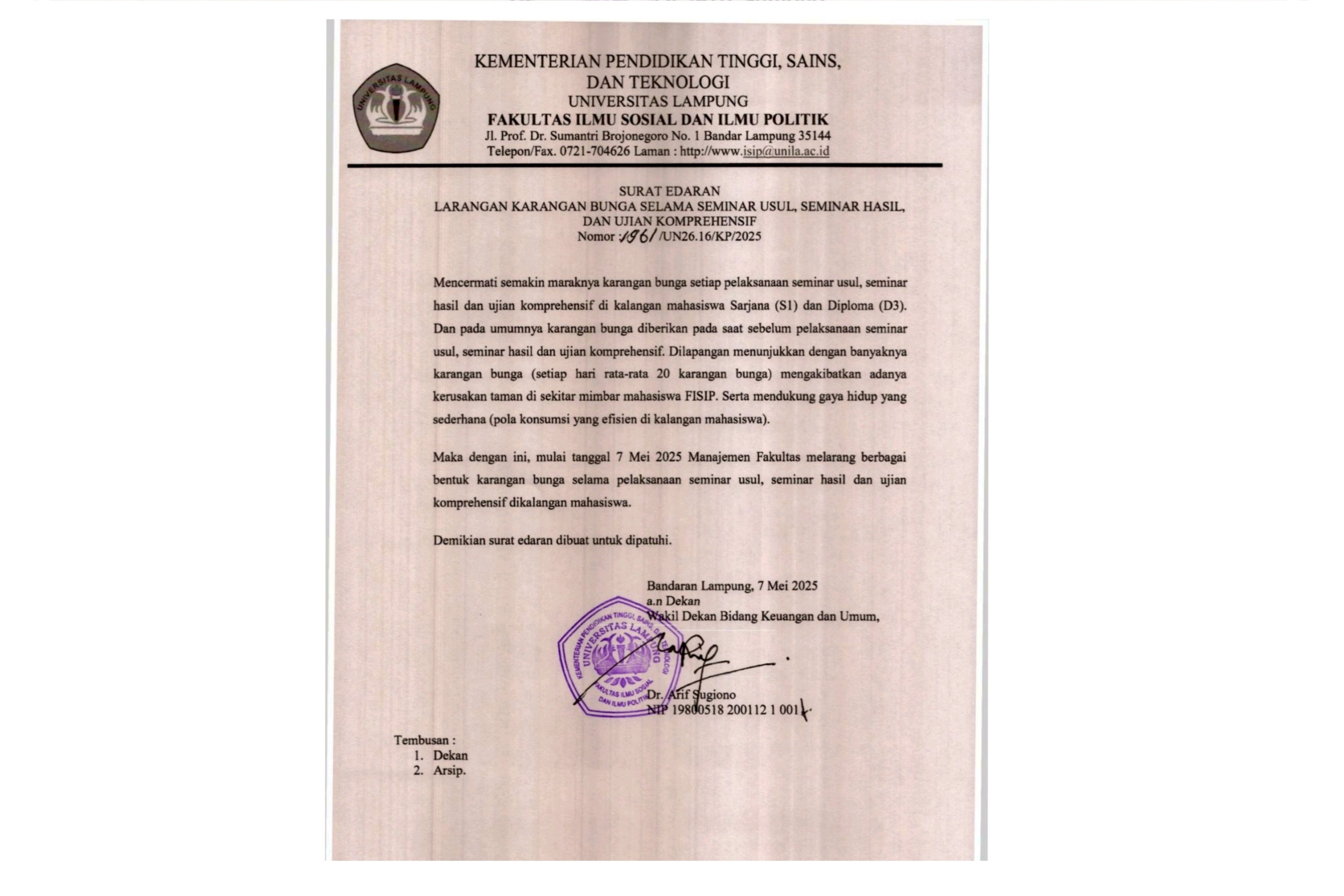 Fisip Unila Keluarkan Surat Edaran Larangan Karangan Bunga Saat Seminar Mahasiswa, Berikut Alasannya,