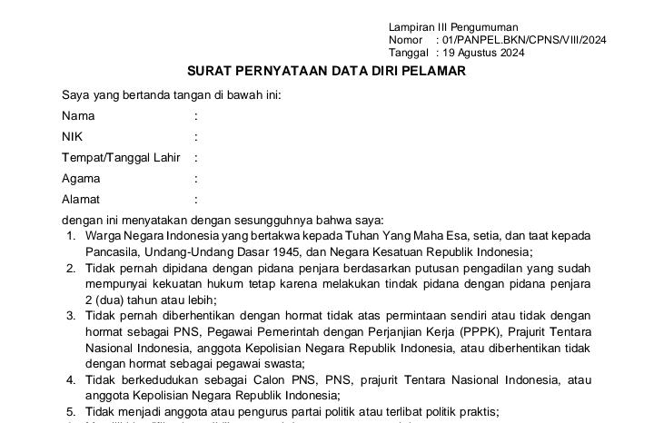 Begini Format Fomulir Surat Pernyataan Diri Bagi Pelamar CPNS 2024