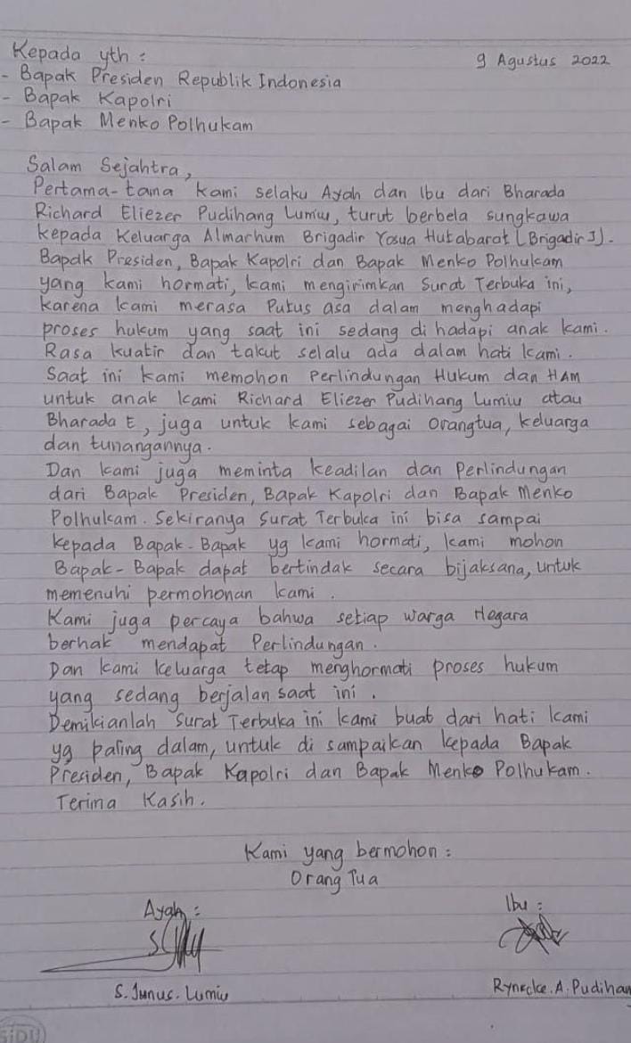 Beredar Surat dari Orang Tua Bharada Richard Eliezer untuk Presiden, Kapolri dan Menkopolhukam, Menyentuh!