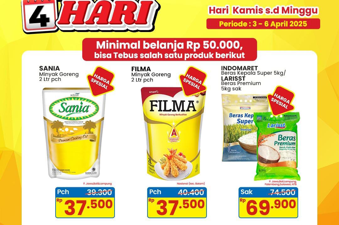 Promo Indomaret Tebus Murah Jumat 4 April 2025, Ada Diskon Paling Hemat Minyak Goreng 2 L Rp 37 Ribu