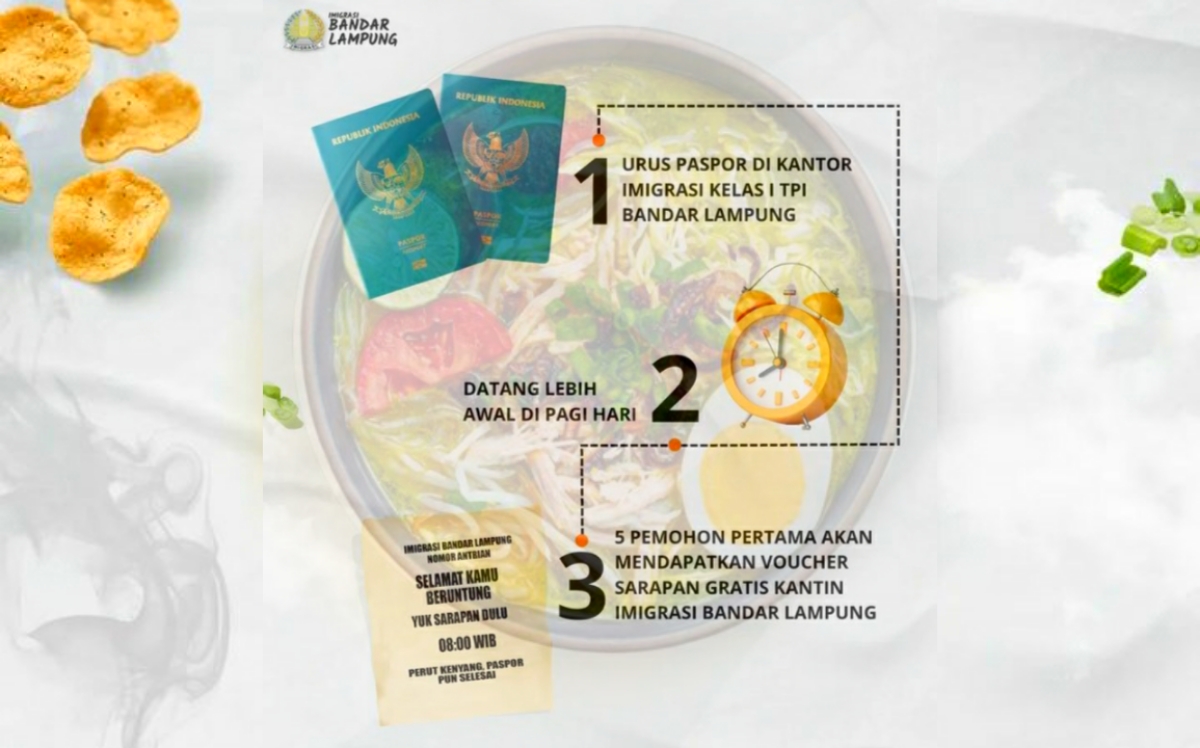 Khusus Lima Pemohon Paspor Pertama, Dapat Sarapan Gratis di Kantor Imigrasi Kelas l TPI Bandar Lampung