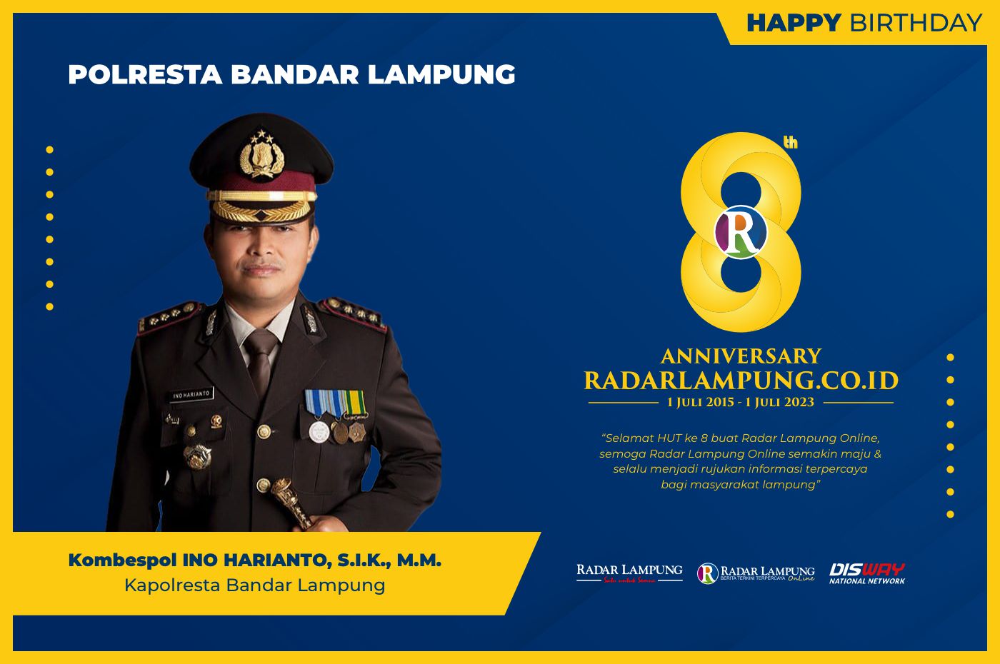 Polresta Bandar Lampung: Selamat HUT ke-8 Radar Lampung Online