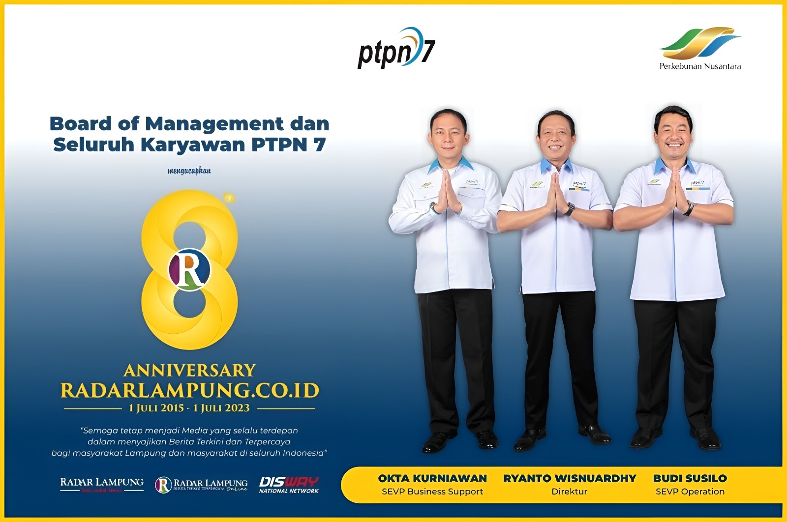 PTPN VII: Selamat dan Sukses HUT ke 8 Radar Lampung Online