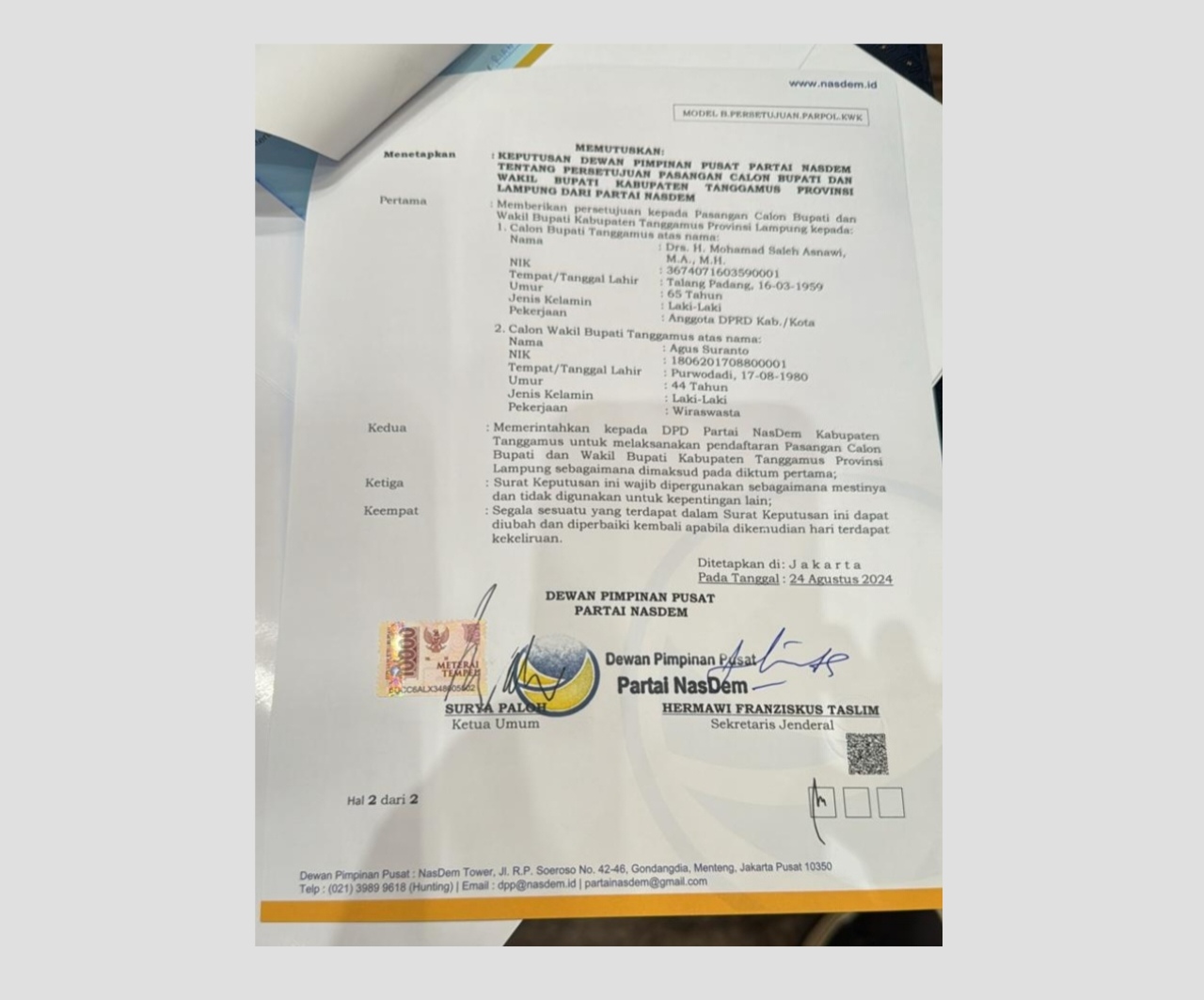 NasDem Dukung Saleh Asnawi - Agus Suranto untuk Pilkada Tanggamus 2024