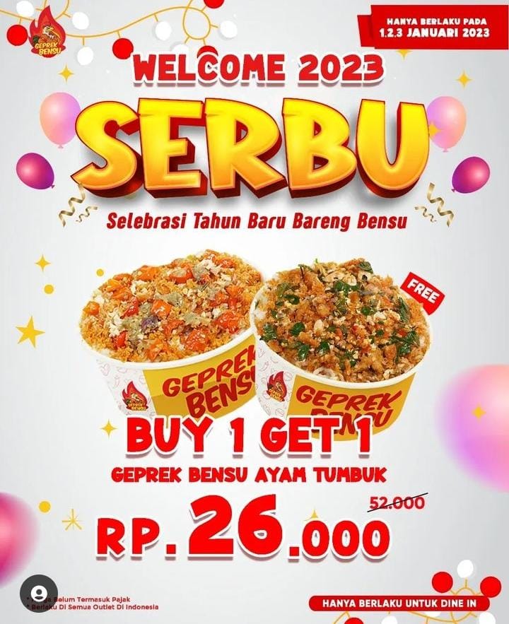 Geprek Bensu Promo Spesial Tahun Baru Hingga 3 Januari 2023, Geprek Bensu Ayam Tumbuk Buy 1 Get 1