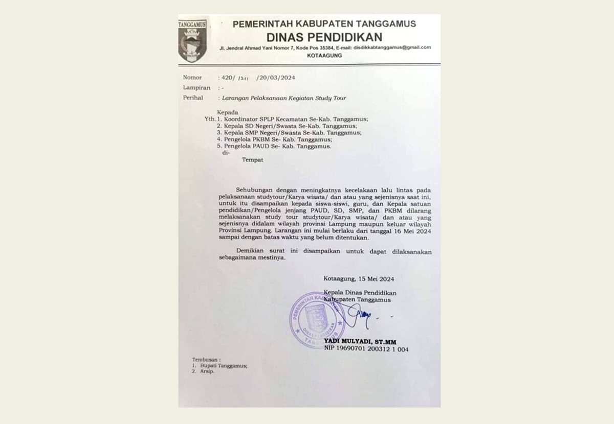Peringatan! Sekolah di Tanggamus Lampung Tidak Boleh Lakukan Study Tour