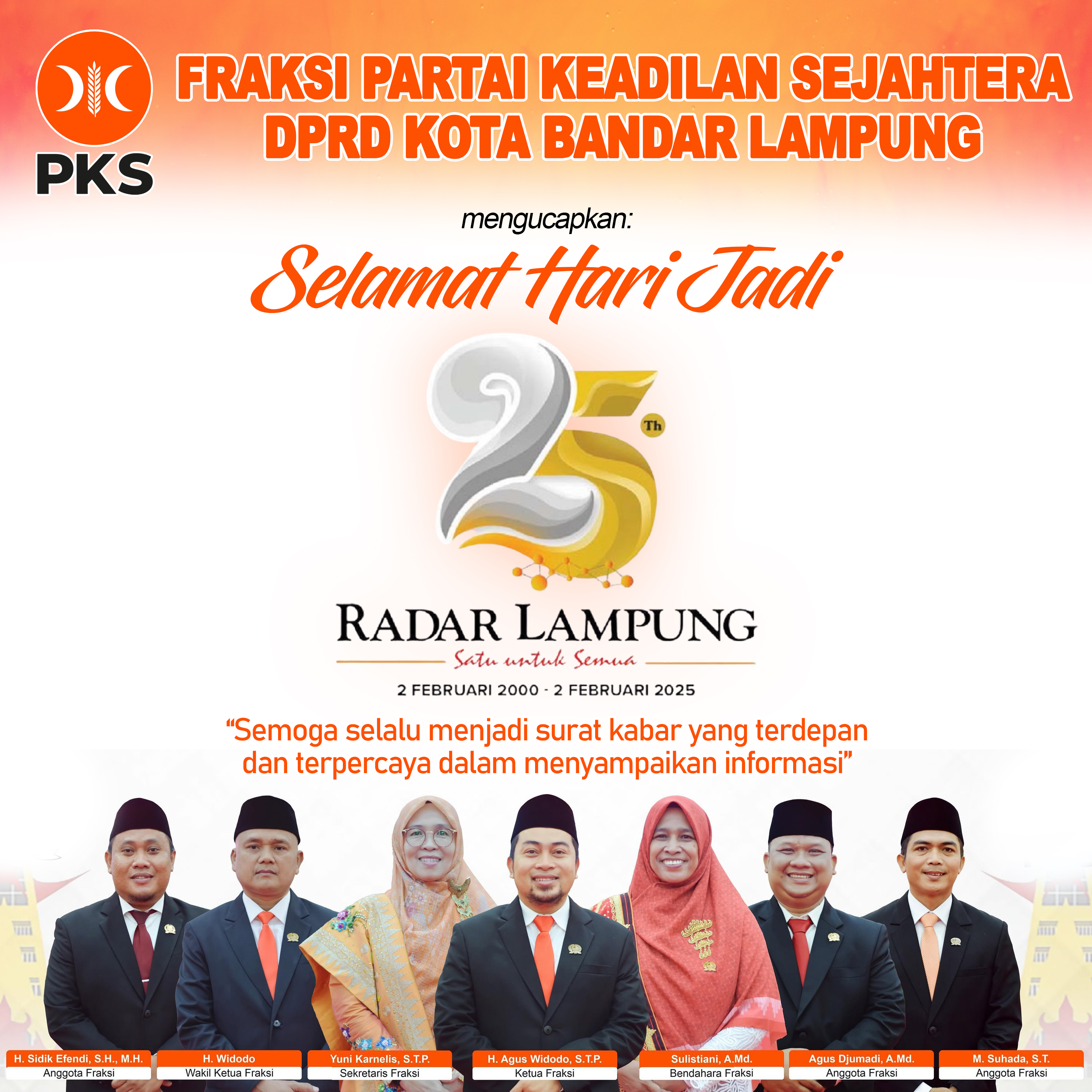 Fraksi PKS DPRD Bandar Lampung Mengucapkan Selamat Hari Jadi Radar Lampung Ke-25