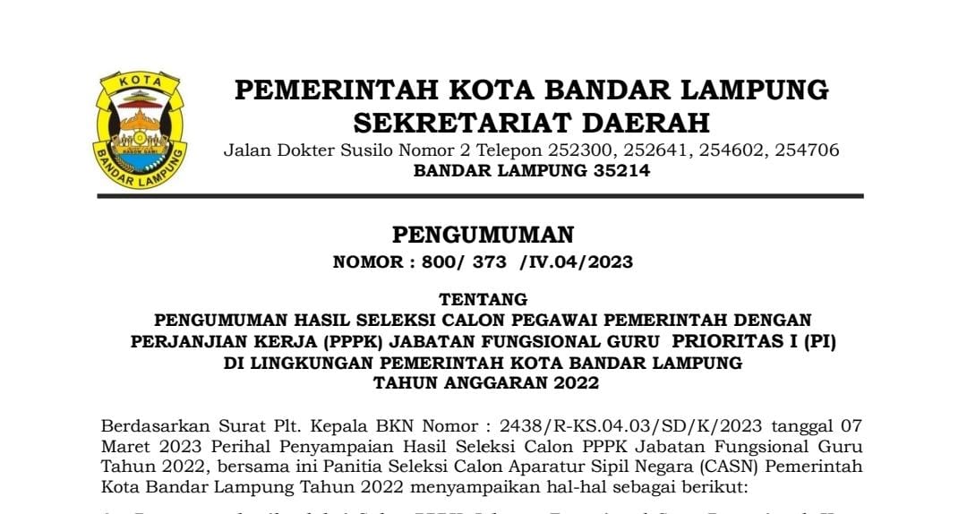 Hasil Seleksi Calon PPPK F1 Bandar Lampung Diumumkan, Ini Langkah Selanjutnya