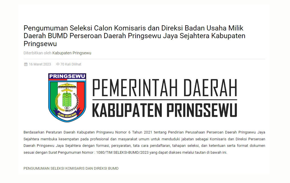 PD Pringsewu Jaya Sejahtera Buka Lowongan Komisaris dan Direksi, Simak Persyaratannya
