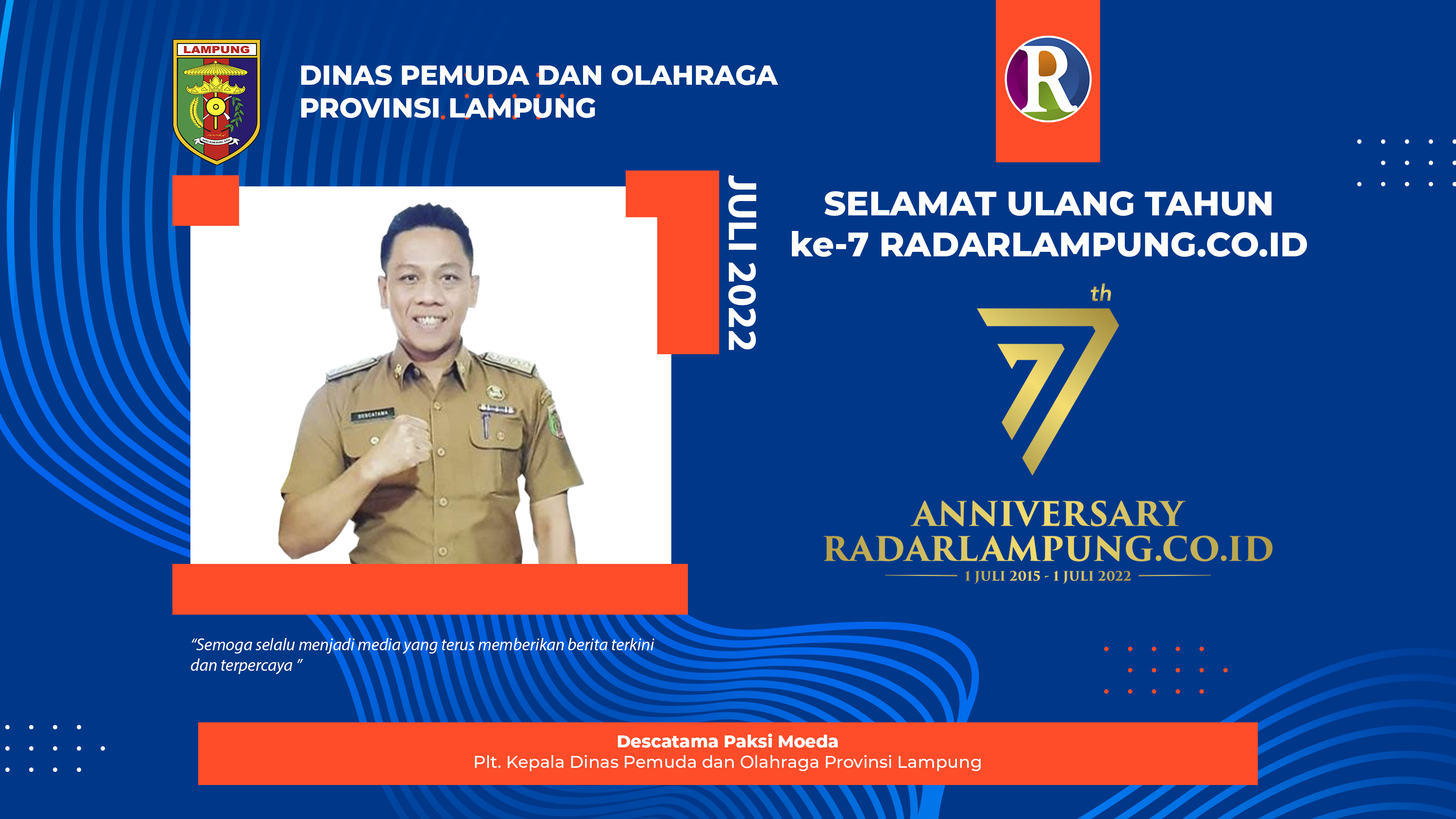 Dinas Pemuda dan Olahraga Provinsi Lampung: Selamat Hari Jadi ke-7 Radarlampung.co.id