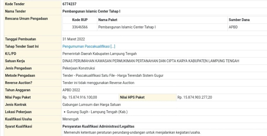 Proses Tender, Islamic Center Lamteng Telan Anggaran Rp15,87 M