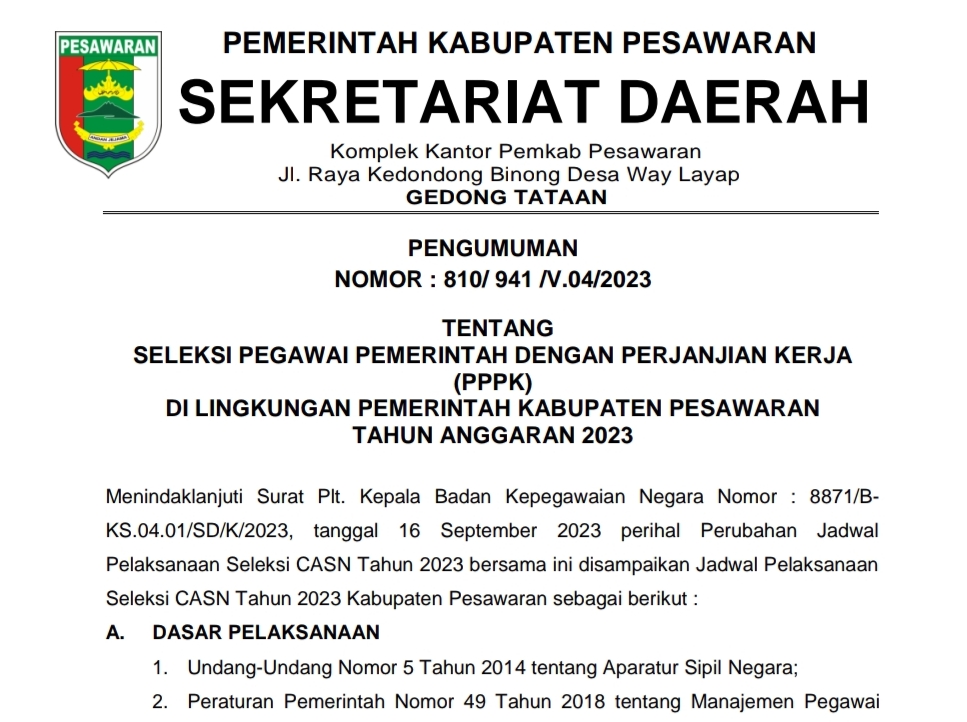 Ini Alokasi Pendaftaran PPPK Pesawaran, Cek Formasinya!
