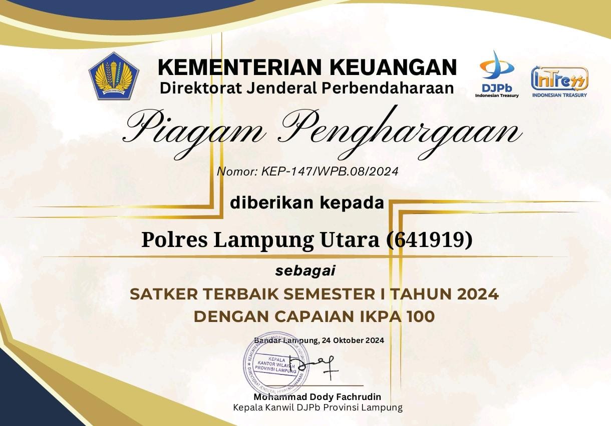 Satker Terbaik Semester I 2024, Polres Lampura Terima Penghargaan Kementerian Keuangan
