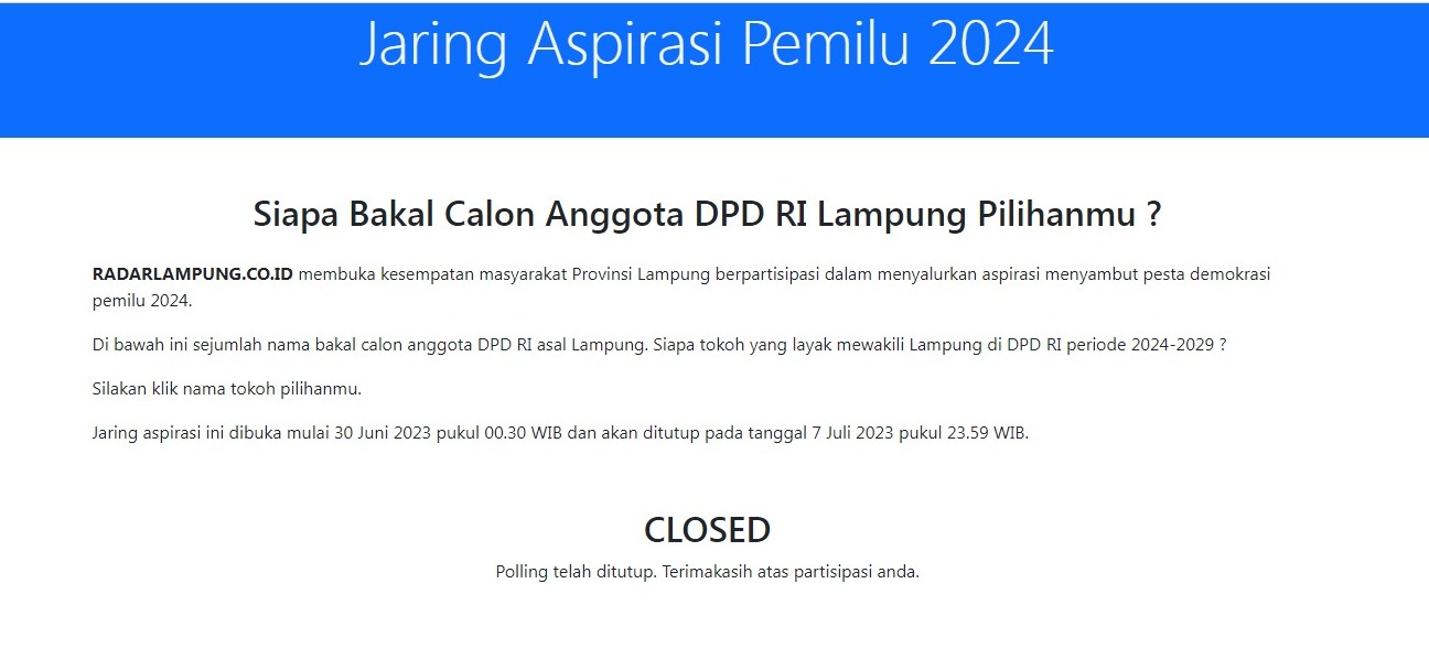 Jaring Aspirasi Balon DPD Lampung Ditutup, Diikuti 46.614 Voters, Ini Hasil Lengkapnya