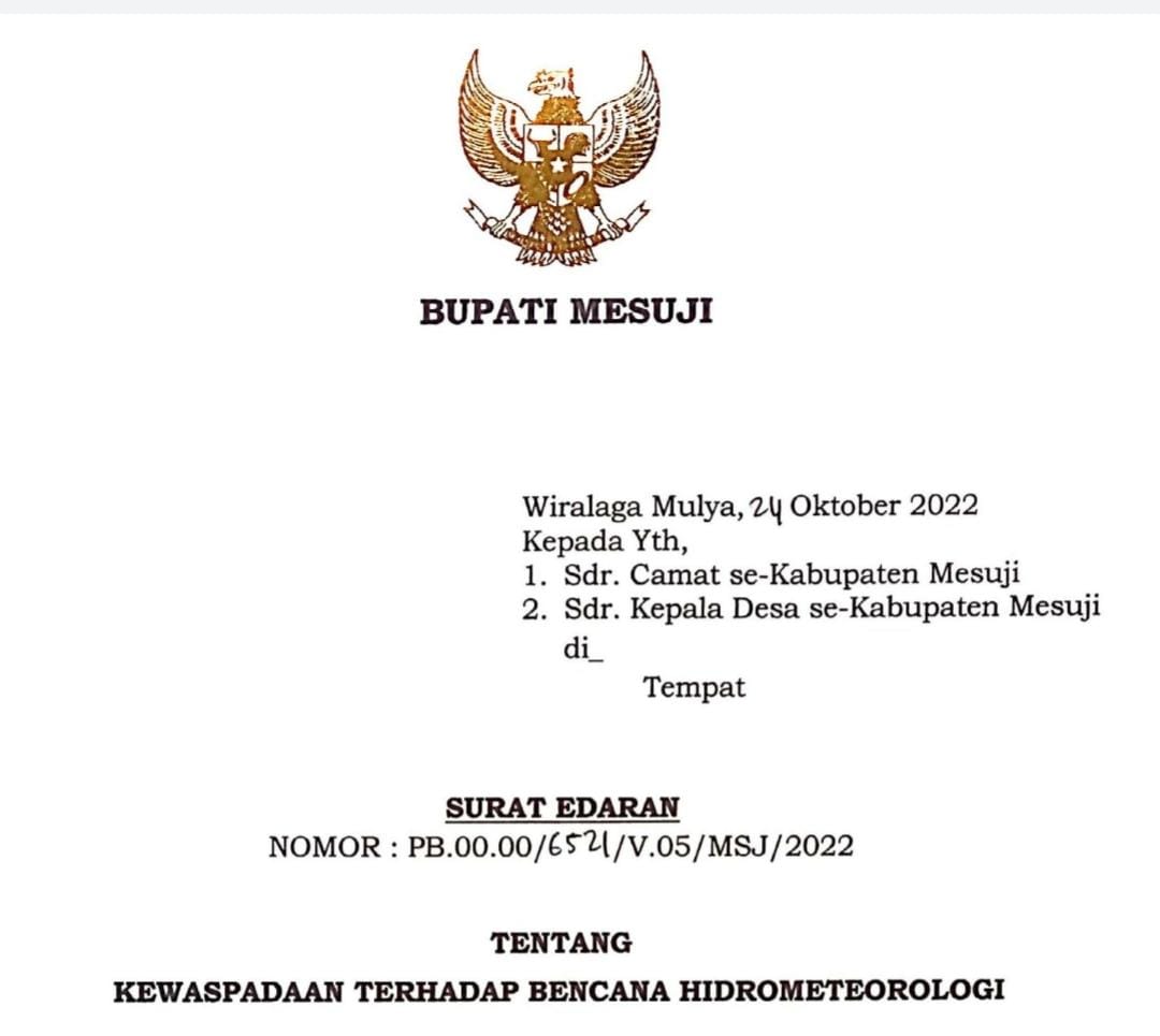 Pemkab Mesuji Keluarkan Surat Edaran Kewaspadaan terhadap Bencana Hidrometeorologi
