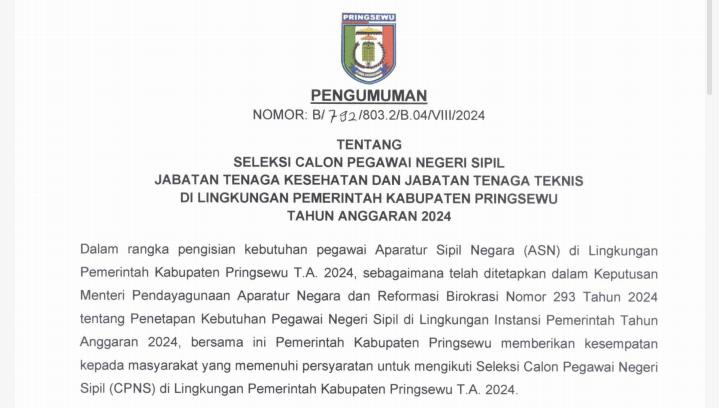 Rincian Formasi untuk Seleksi CPNS Pringsewu 2024, Terbanyak Tenaga Teknis