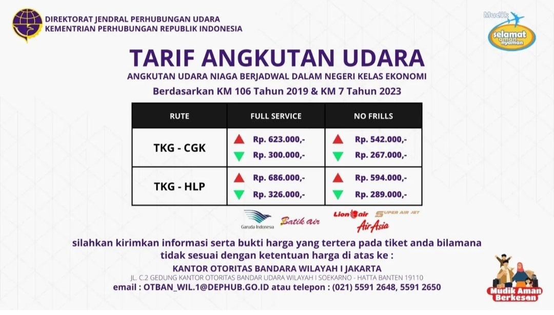 Segini Patokan Tarif Angkutan Udara Niaga Berjadwal Kelas Ekonomi Lebaran 2023