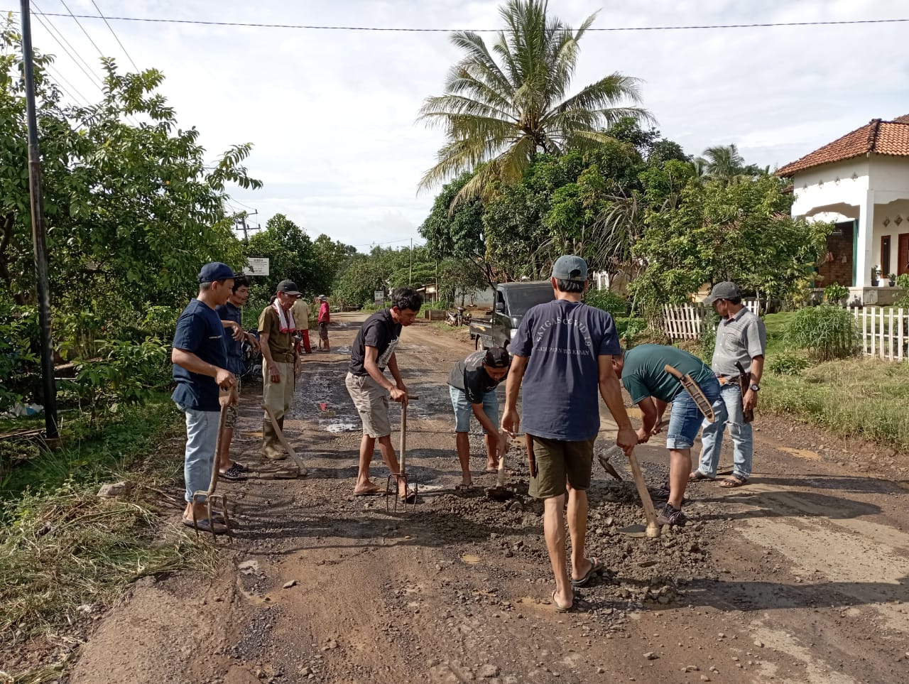 Jenuh Tak Kunjung Diperbaiki, Warga Kampung Bengkulu Rejo Gotong Royong Timbun Jalan Provinsi yang Rusak Parah