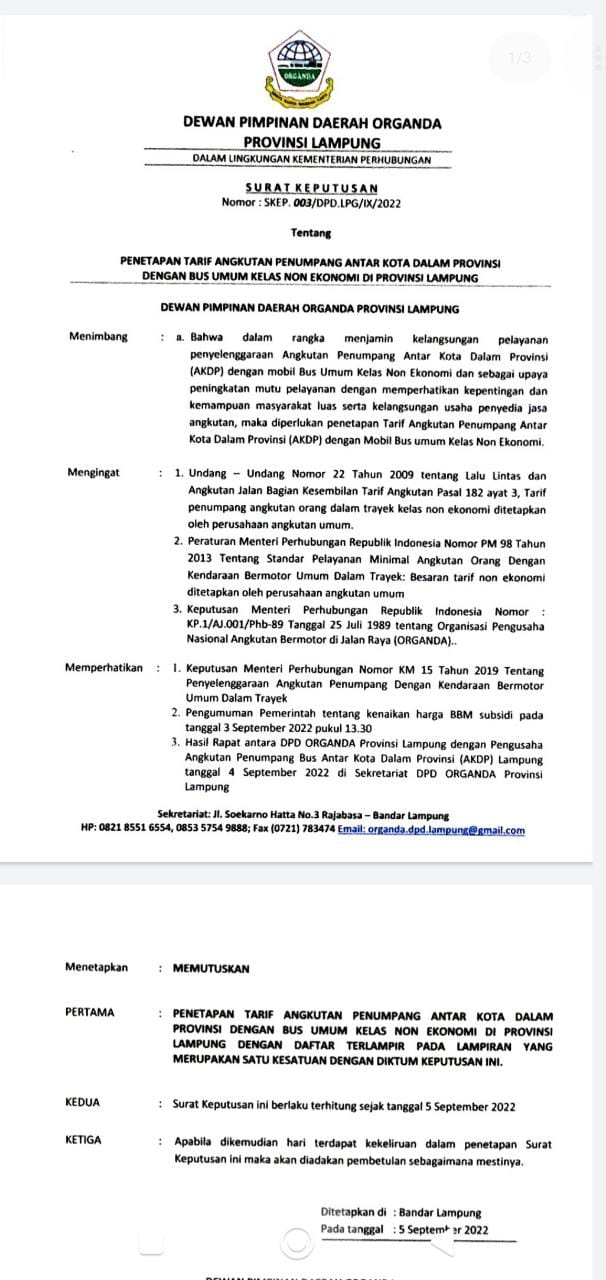 Organda Tetapkan Harga Baru Bus AKDP Non Ekonomi yang Naik Hingga di 20 Persen, Ini Rinciannya