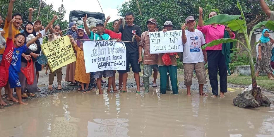 Aksi Protes Jalan Rusak 10 Tahun Tak Kunjung Diperbaiki, Warga Palas Tabur Ribuan Lele di Kubangan