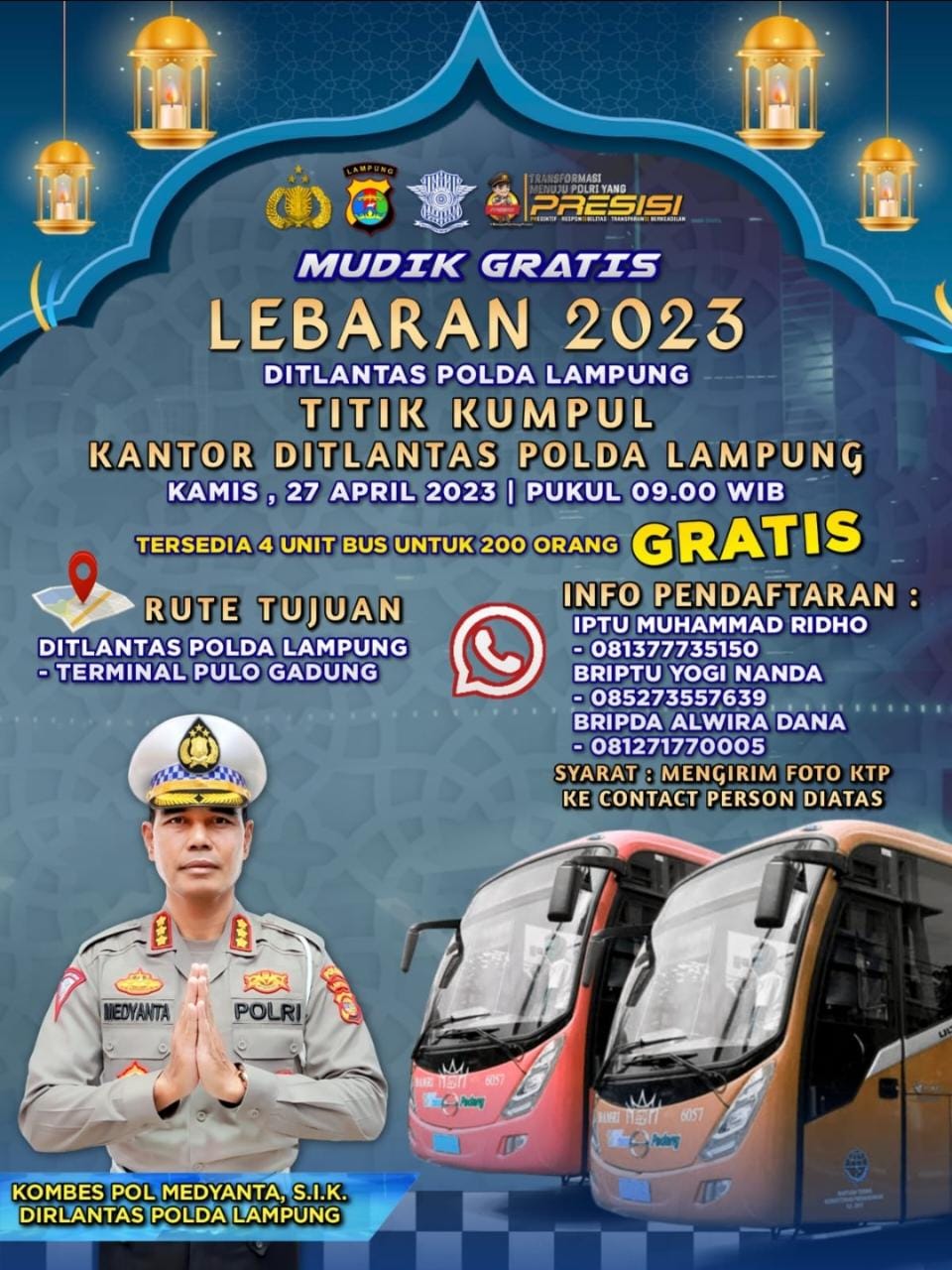 Kuota Terbatas! Info Pulang Gratis, Hubungi Ditlantas Polda Lampung