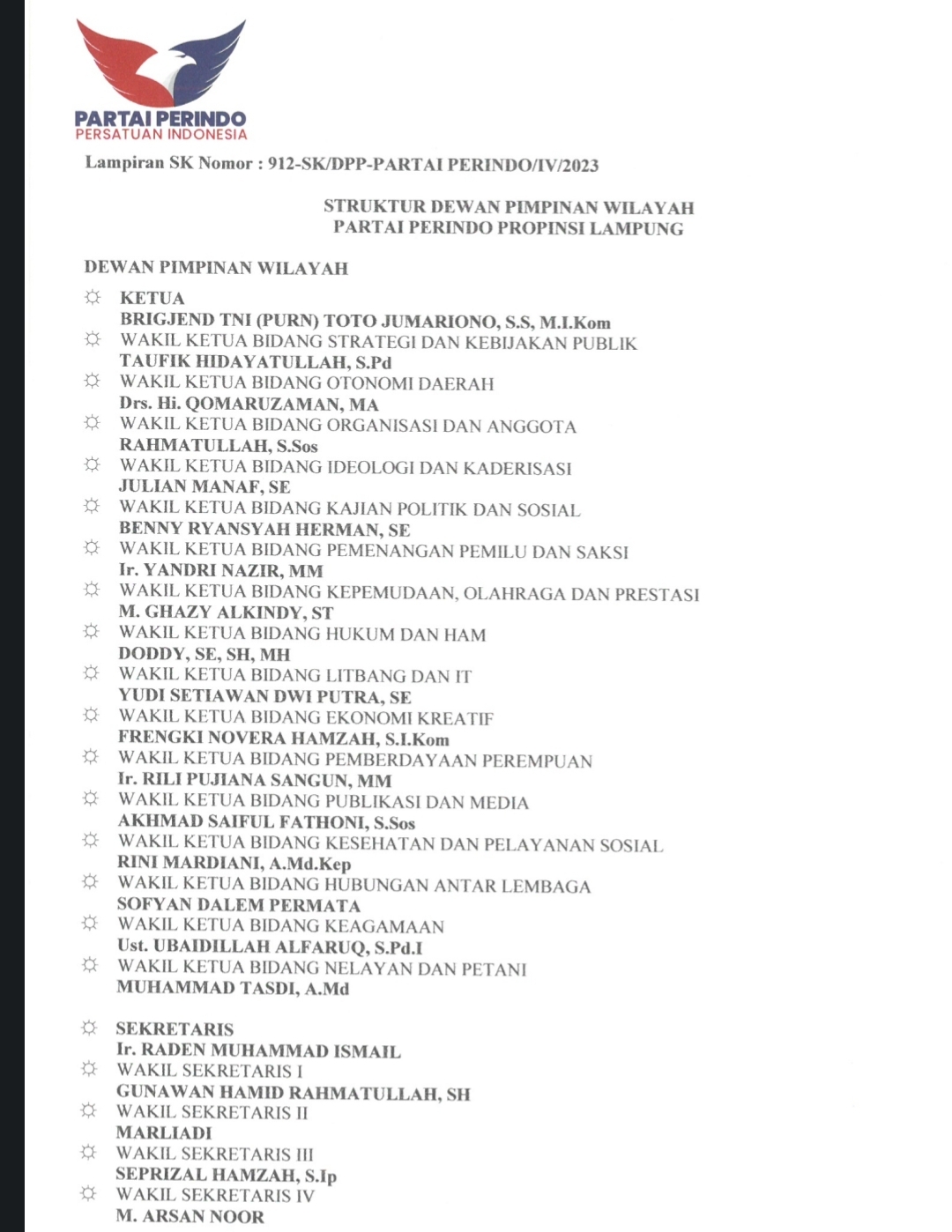 Wakil Ketua DPRD Asal Partai Demokrat Jabat Sekum Perindo Lampung