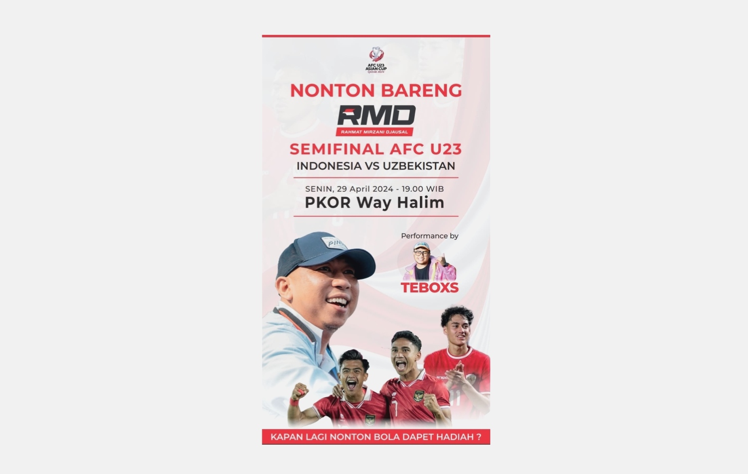 Nobar Semifinal AFC U-23 Bersama RMD, Ada Hiburan Musik dan Hadiah Loh