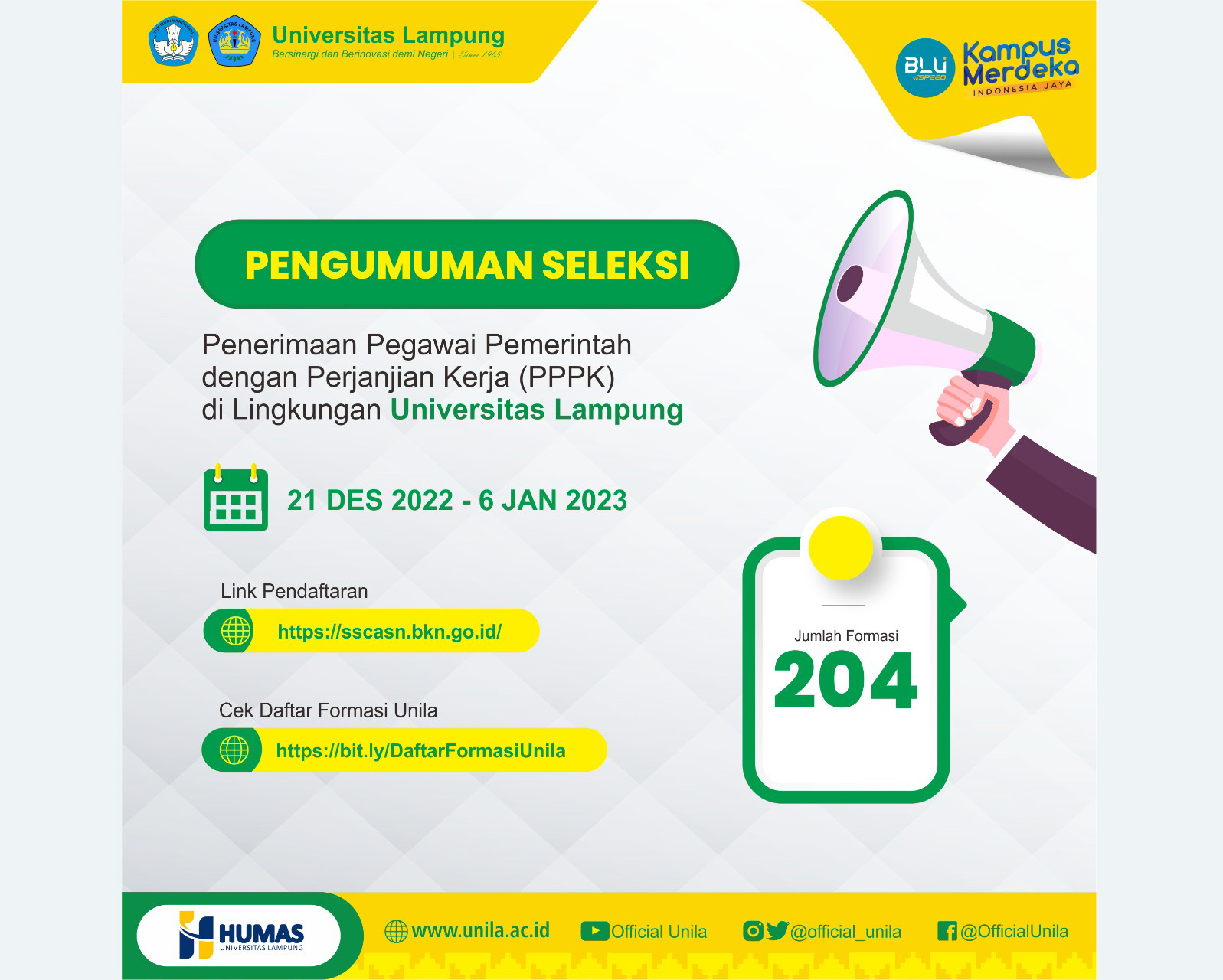 Unila Buka Rekrutmen PPPK, Simak Rincian Formasinya
