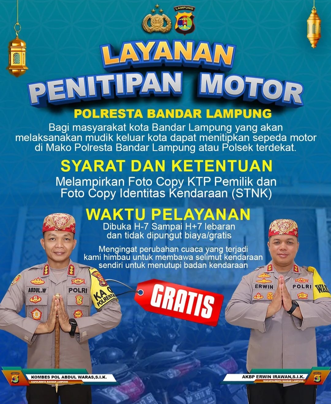 Selama Mudik Lebaran 2024, Polresta Bandar Lampung Buka Layanan Penitipan Motor