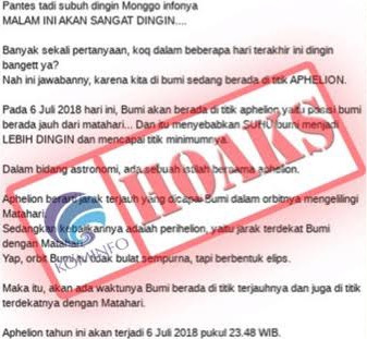 CEK FAKTA: Fenomena Aphelion Sebabkan Cuaca Indonesia Semakin Dingin dan Timbulkan Serangan Flu