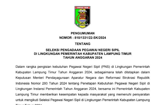 Daftar Rincian Formasi CPNS 2024 Pemkab Lampung Timur
