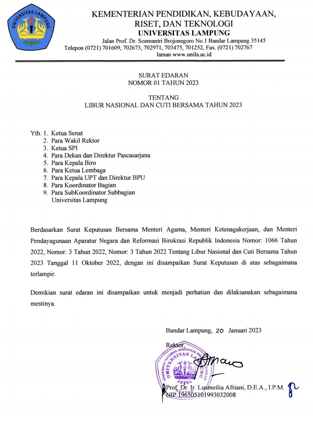 Unila Terbitkan Surat Edaran Tentang Libur Nasional dan Cuti Bersama Tahun 2023