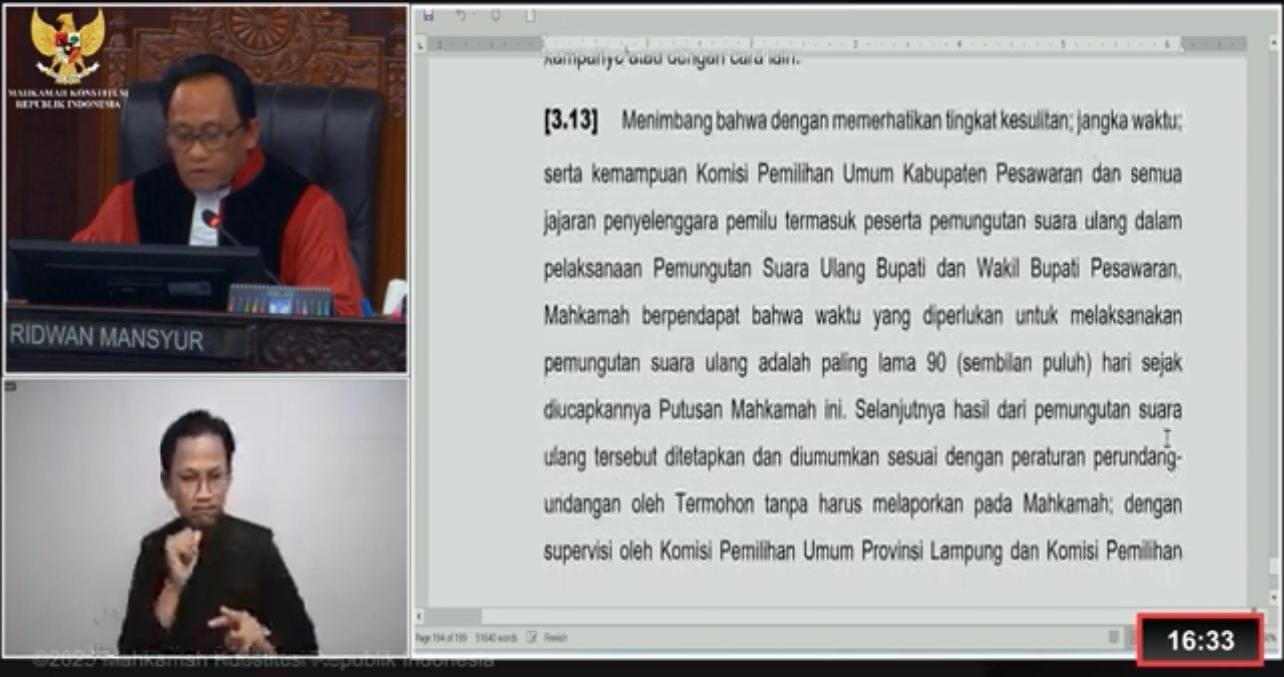 Tok! Aries Sandi Didiskualifikasi, MK Tetapkan PSU Pilkada Pesawaran 90 Hari Setelah Putusan