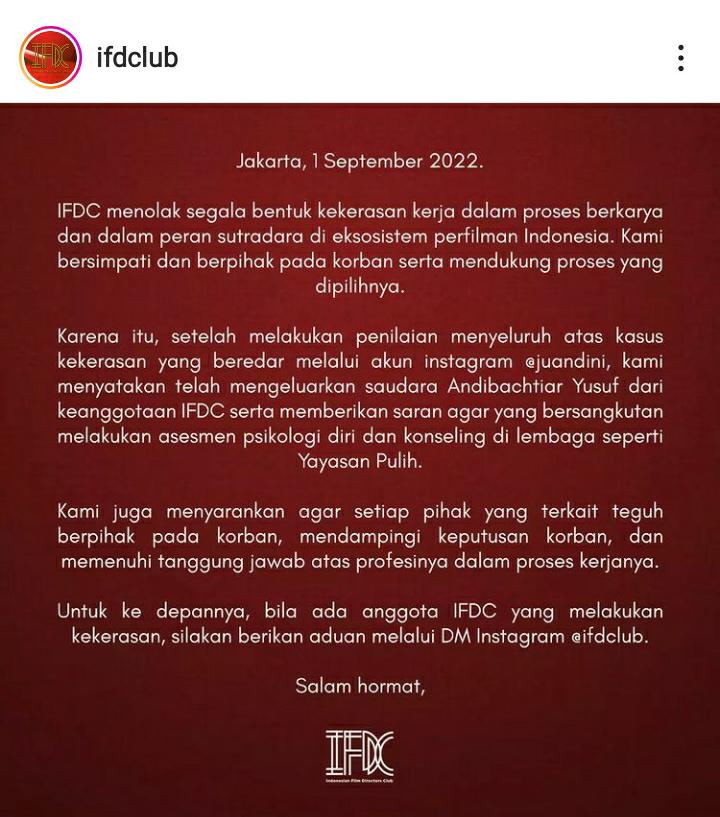 Terkena Dugaan Kekerasan, Asosiasi Sutradara Indonesia Keluarkan Andibachtiar Yusuf