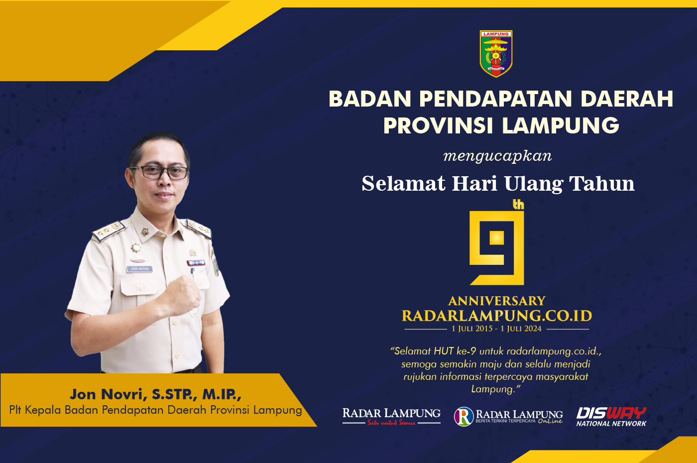 Badan Pendapatan Daerah Provinsi Lampung: Selamat Ulang Tahun ke-9 Radar Lampung Online