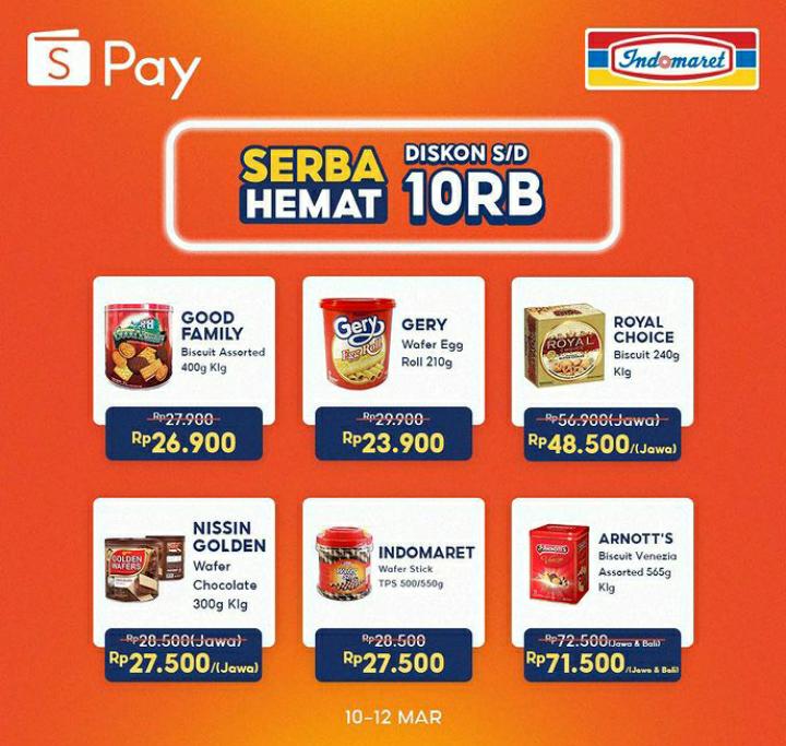 Cek Promo Serba Hemat dengan ShopeePay di Indomaret, Periode 10 Sampai 12 Maret 2023.