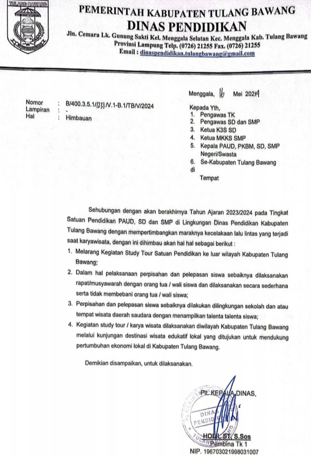 4 Poin Penting Surat Imbauan Dinas Pendidikan Tulang Bawang, Larang Kegiatan Study Tour ke Luar Daerah
