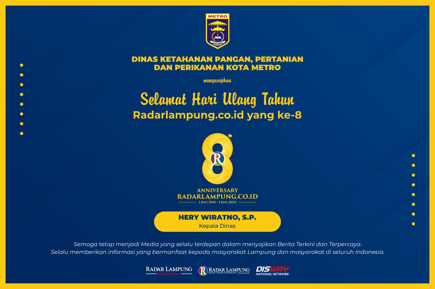 Dinas Ketahanan Pangan, Pertanian dan Perikanan (KP3) Kota Metro: Selamat HUT ke-8 Radar Lampung Online