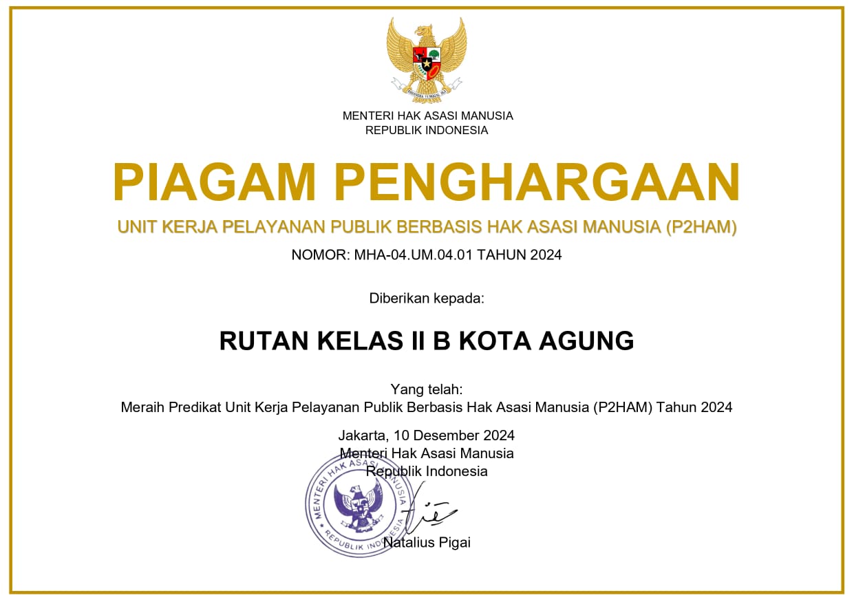 Rutan Kelas IIB Kota Agung Tanggamus Raih Penghargaan, Predikat Satuan Kerja Pelayanan Publik Berbasis HAM