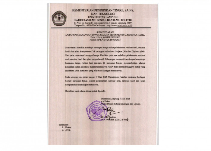 Fisip Unila Keluarkan Surat Edaran Larangan Karangan Bunga Saat Seminar Mahasiswa, Berikut Alasannya,  