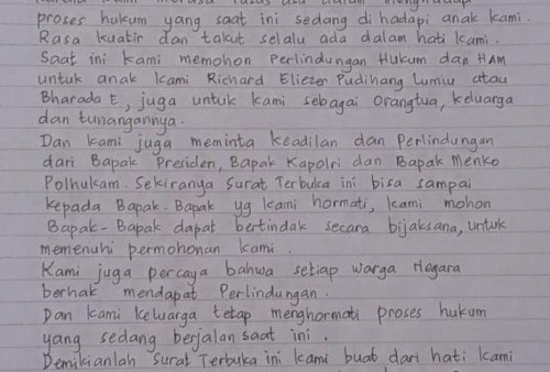 Beredar Surat dari Orang Tua Bharada Richard Eliezer untuk Presiden, Kapolri dan Menkopolhukam, Menyentuh!