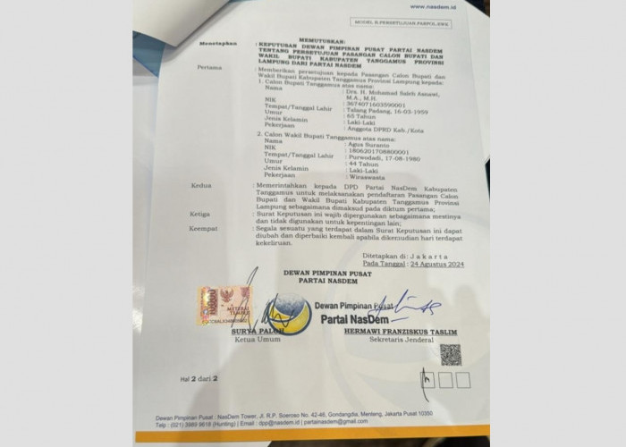 NasDem Dukung Saleh Asnawi - Agus Suranto untuk Pilkada Tanggamus 2024 