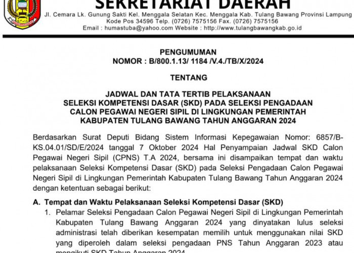 Pemkab Tulang Bawang Rilis Jadwal dan Lokasi SKD CPNS 2024, 7 Orang Gunakan Hasil SKD 2023