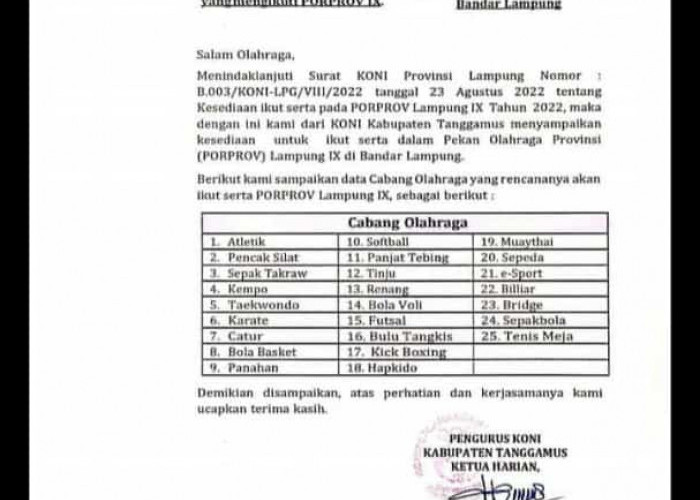 Tanggamus Persiapkan 25 Cabor untuk Ikut Porprov pada Desember Mendatang