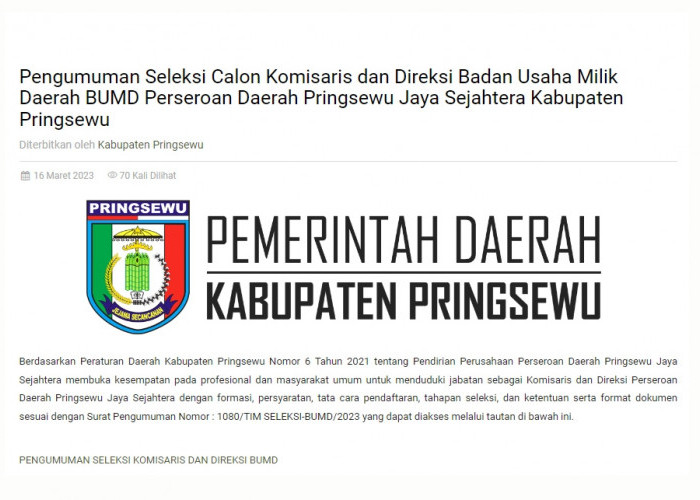 PD Pringsewu Jaya Sejahtera Buka Lowongan Komisaris dan Direksi, Simak Persyaratannya 