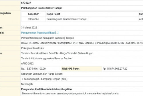 Proses Tender, Islamic Center Lamteng Telan Anggaran Rp15,87 M