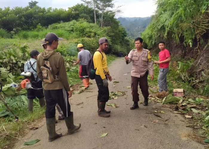 Bhabinkamtibmas Polres Tanggamus Gandeng Warga Bersihkan Jalan Pekon 