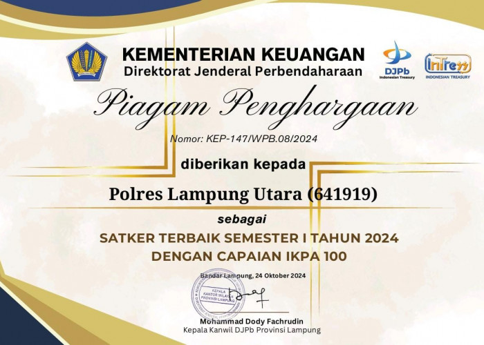 Satker Terbaik Semester I 2024, Polres Lampura Terima Penghargaan Kementerian Keuangan 