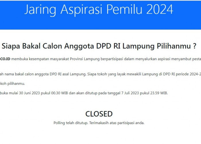 Jaring Aspirasi Balon DPD Lampung Ditutup,  Diikuti 46.614 Voters,  Ini Hasil Lengkapnya