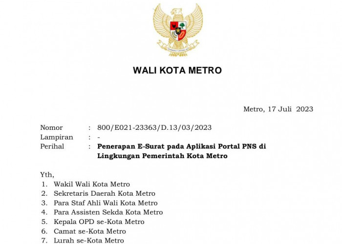 Semakin Mendekati Smart City, e-Surat Mulai Diberlakukan di Pemkot Metro